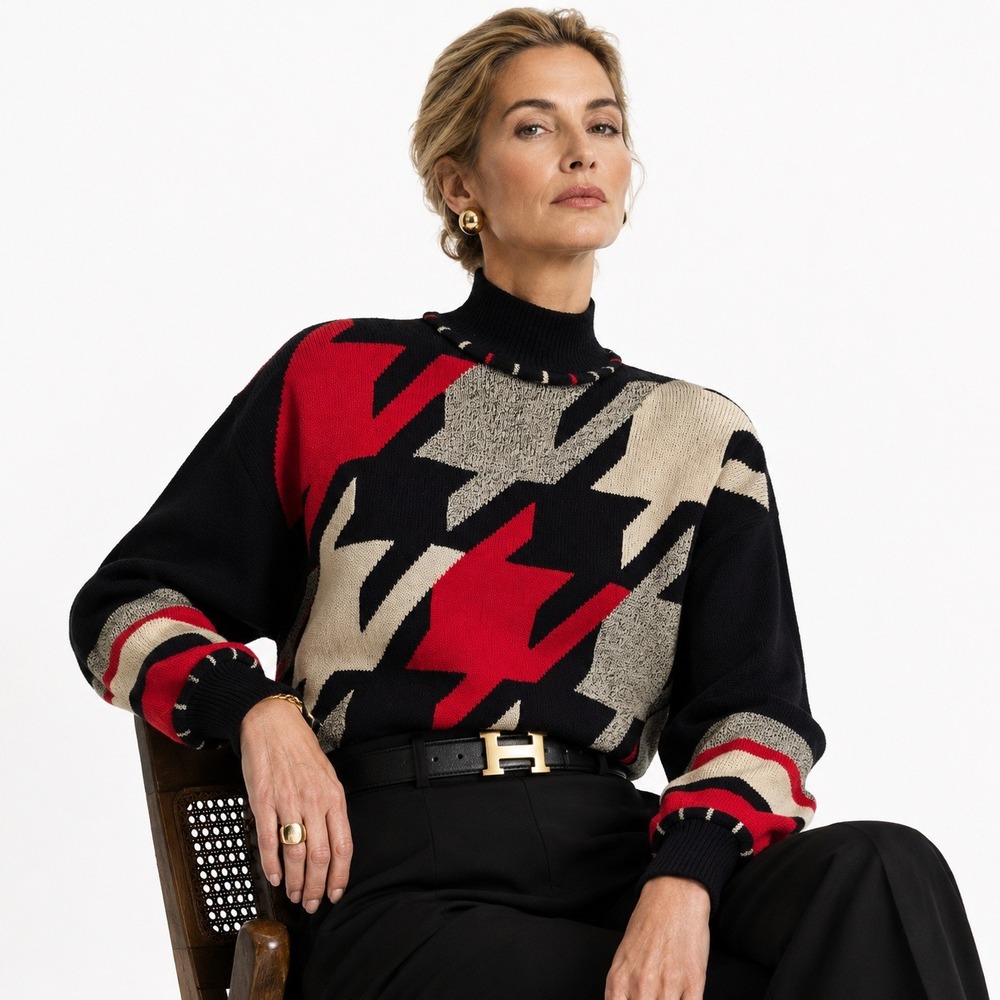 Antonella Preve Mock Neck Sweater SP Black Red Houndstooth Vintage Designer USA